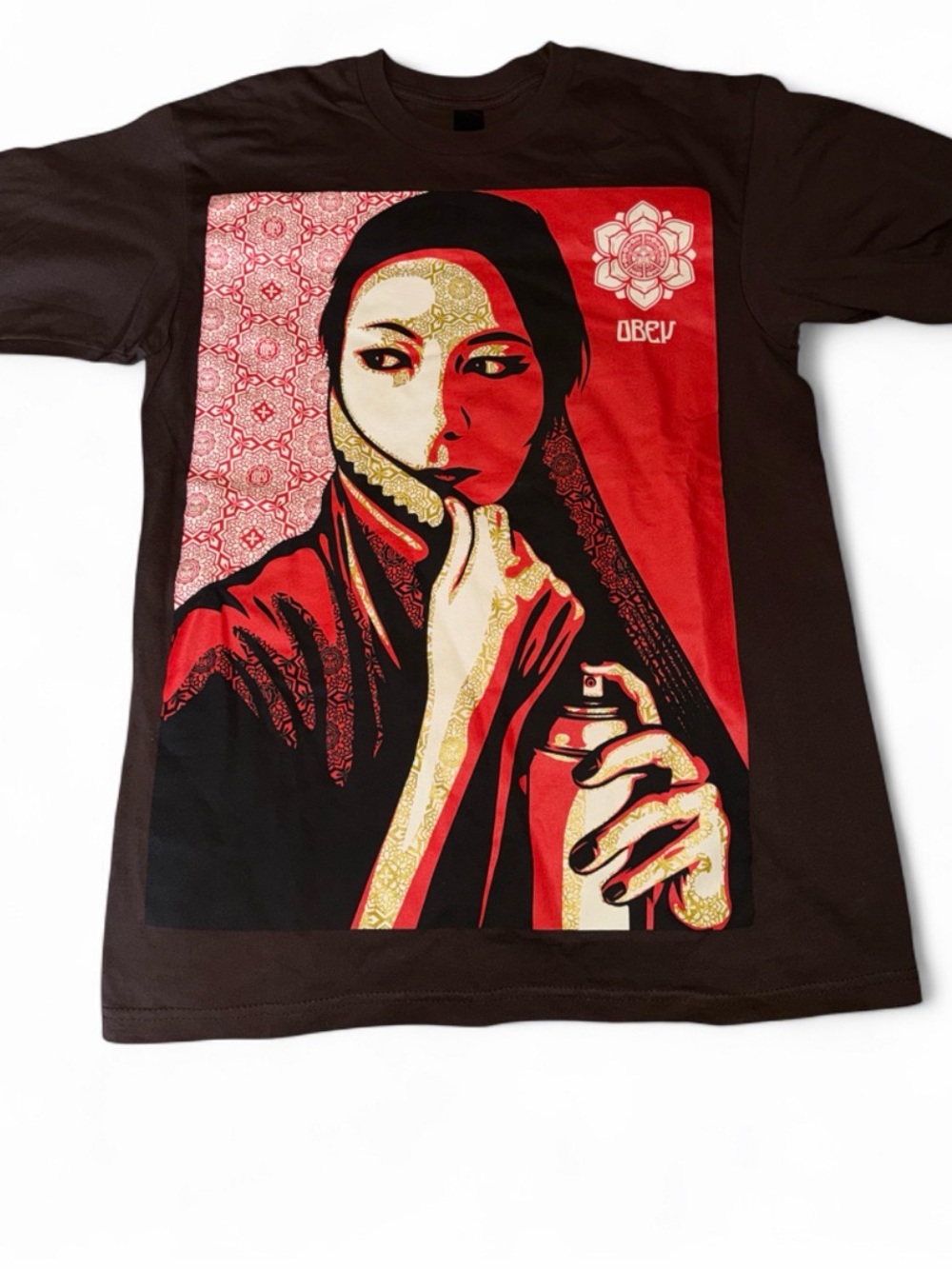 Obey graphic tee Women with spray can hiding in a scarf